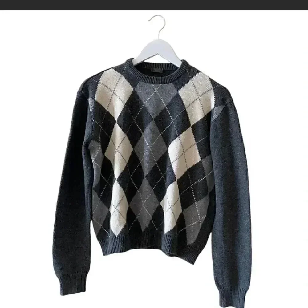 John Galt California Cotton Blend Grey Argyle Golf Long Sleeves Men’s Sweater M